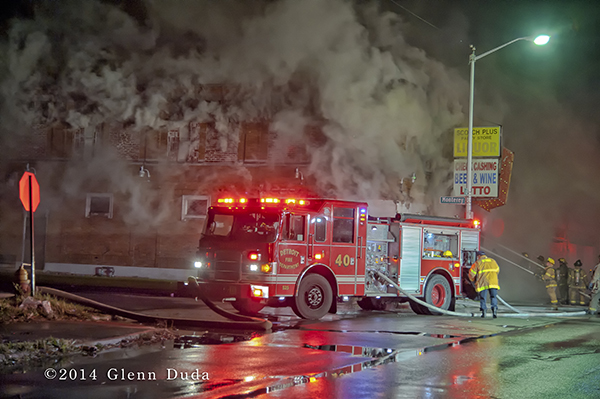night fire scene with Pierce fire engine
