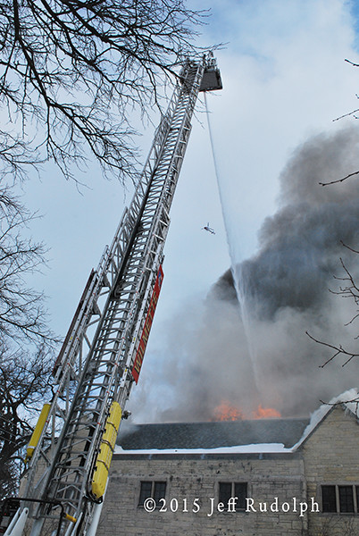 E-ONE tower ladder at fire scene