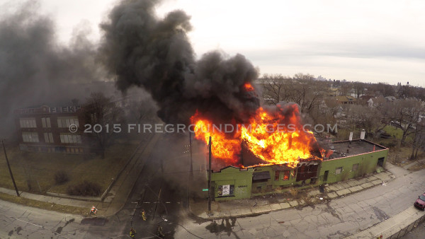 aerial view of commercial building fire