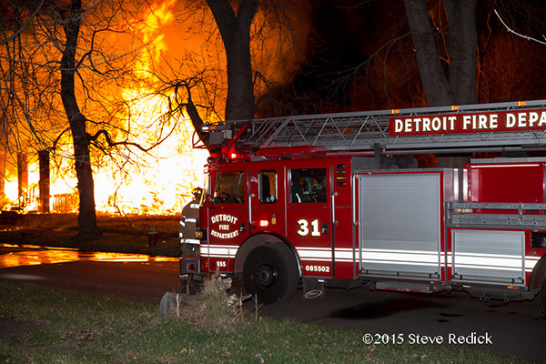 Detroit fire truck at night fire scene