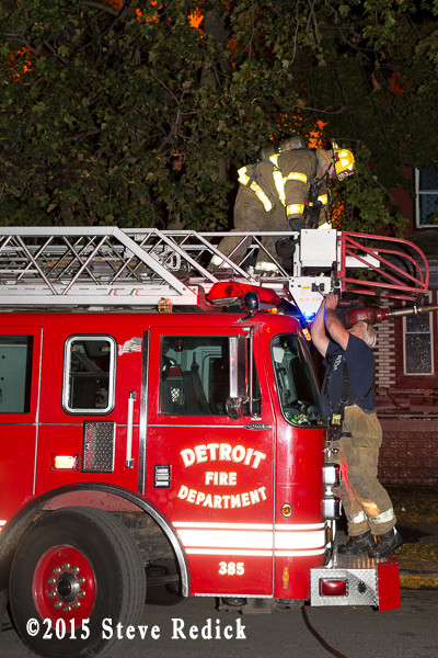 Detroit fire scene at night