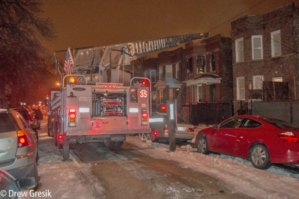 Chicago fire truck at night fire scene