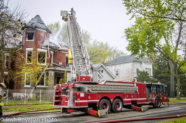 Chicago FD spare tower ladder at fire scene