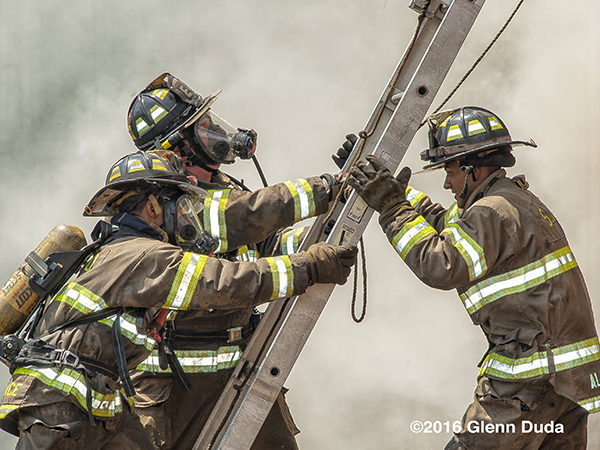 firefighters raise ground ladder
