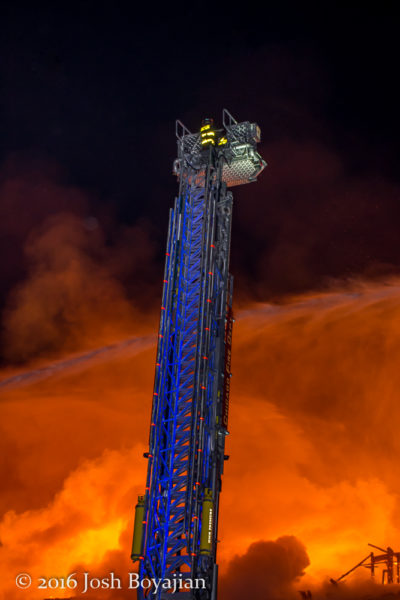 E-ONE tower ladder at massive fire