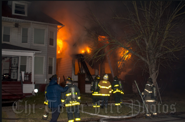 night fire scene in Detroit