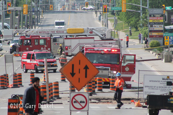 firefighters at site of major gas main rupture in Waterloo ON