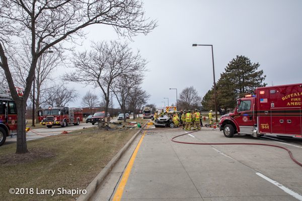 crash site after SUV hits tree in Buffalo Grove
