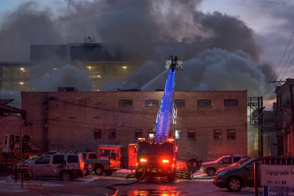 E-ONE tower ladder battles industrial fire