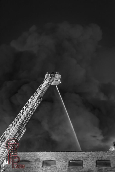 E-ONE tower ladder battles industrial fire